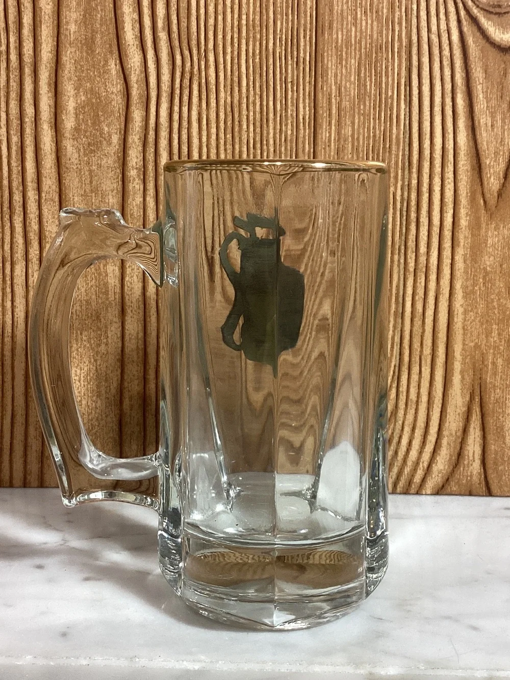 Glass Beer Stein with Brass Golf Emblem - Clear Raised Metal Medallion